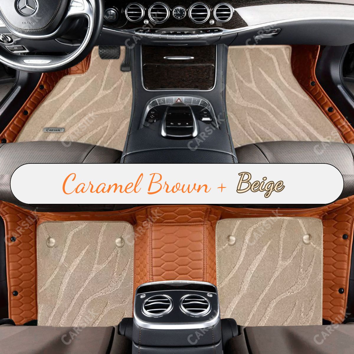 CARAMEL BROWN HONEYCOMB BASE WITH BEIGE TOP CARPET DOUBLE LAYER GALAXY CAR MAT SET - Carsilks 