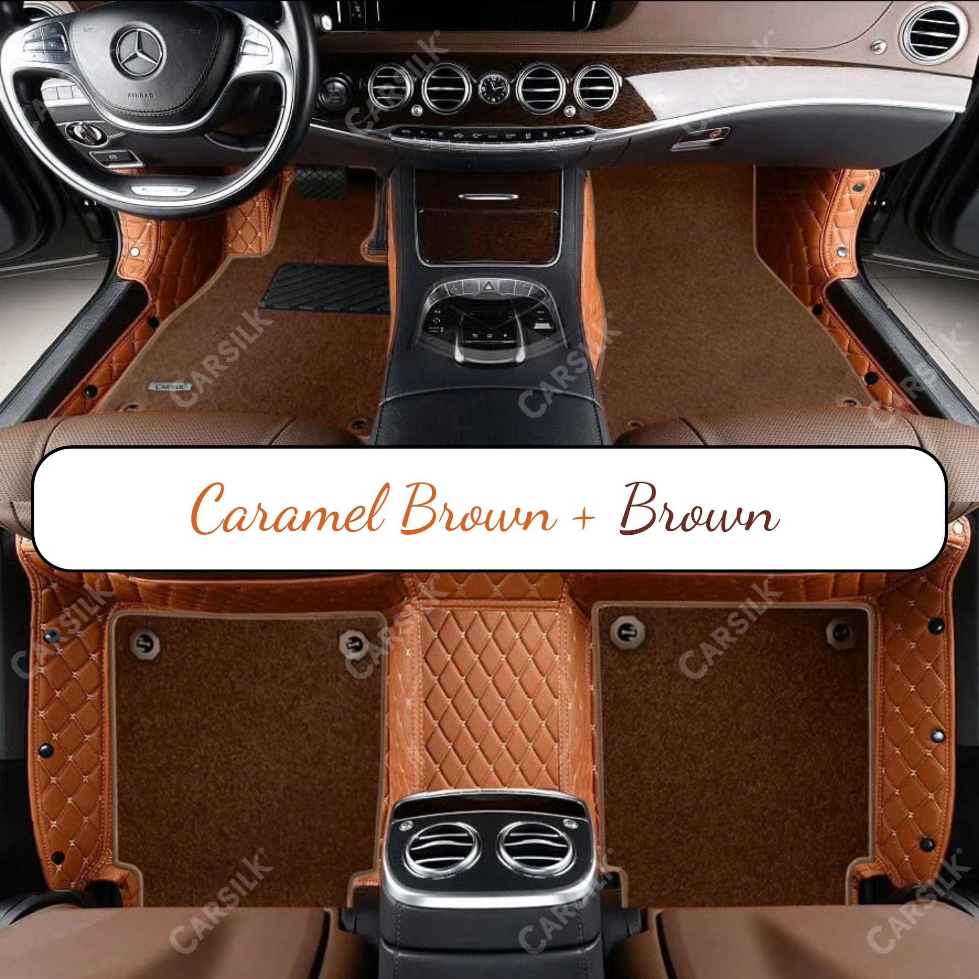 CARAMEL BROWN DIAMOND BASE WITH BROWN TOP CARPET DOUBLE LAYER CAR MAT SET - Carsilks 