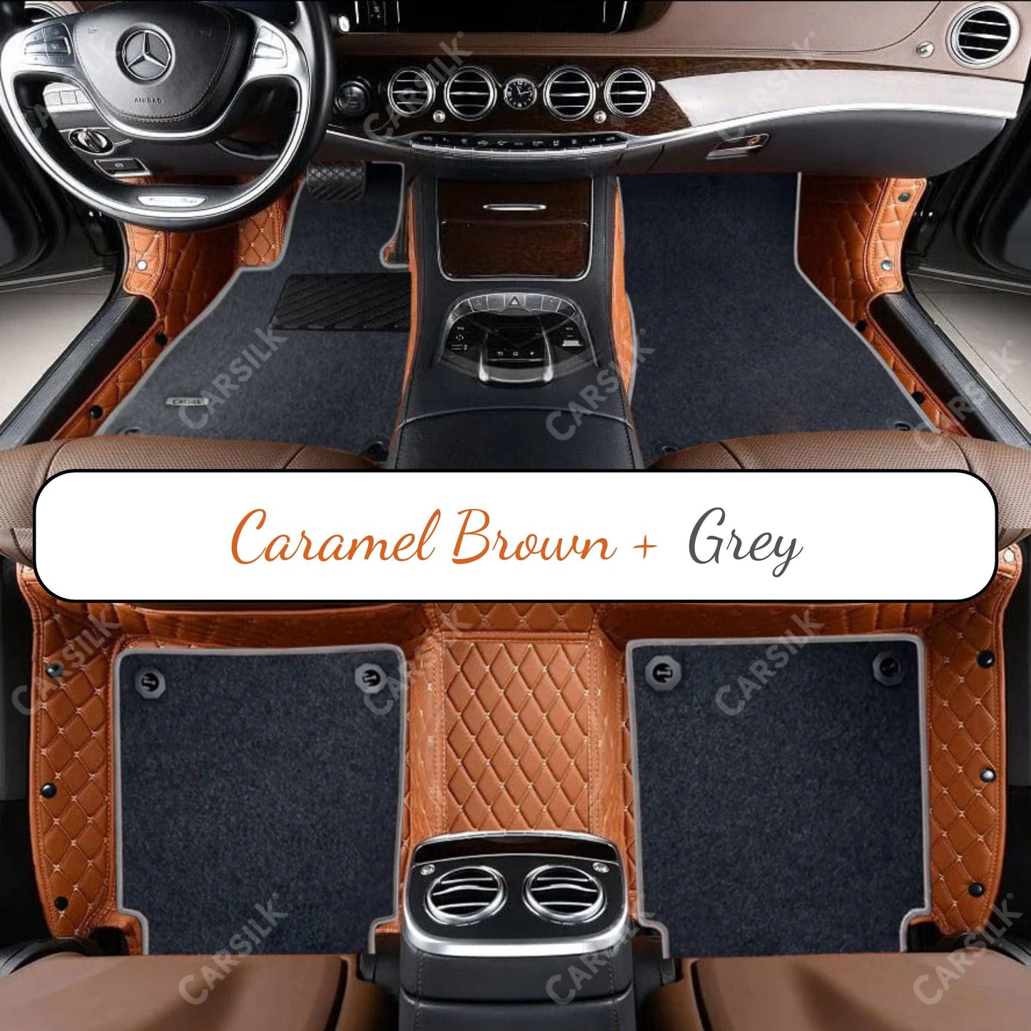 CARAMEL BROWN DIAMOND BASE WITH GRAY TOP CARPET DOUBLE LAYER CAR MAT SET - Carsilks 