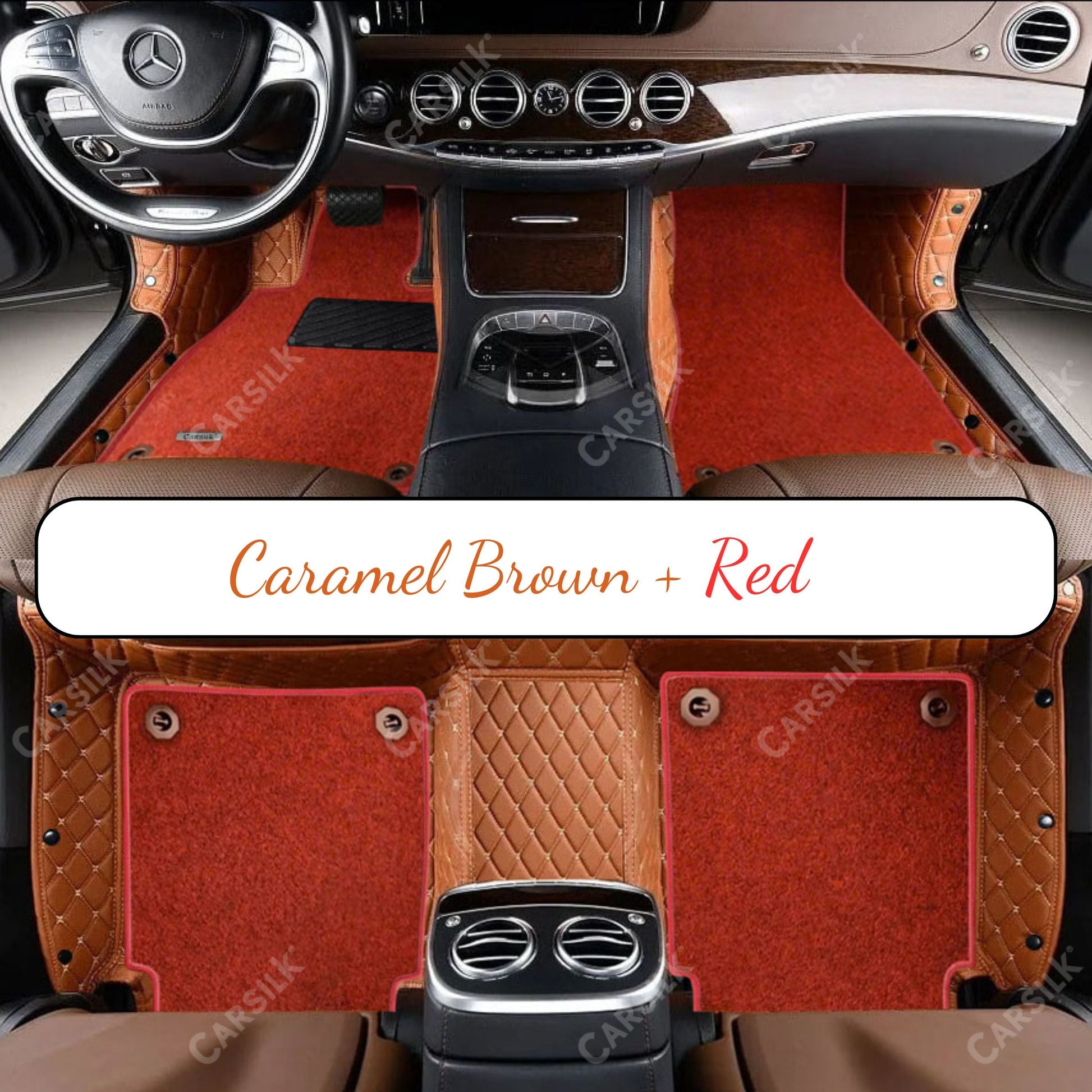 CARAMEL BROWN DIAMOND BASE WITH RED TOP CARPET DOUBLE LAYER CAR MAT SET - Carsilks 