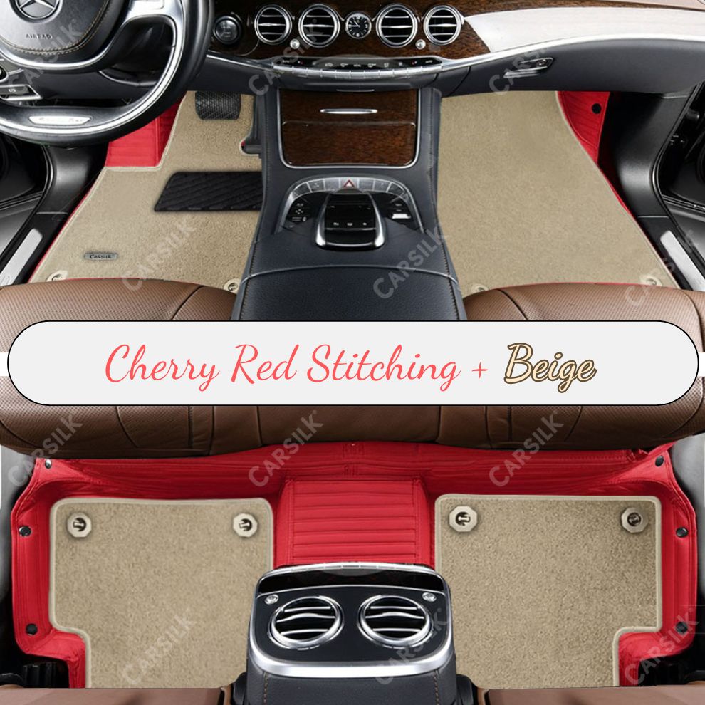 CHERRY RED STRIPE BASE WITH BEIGE TOP CARPET DOUBLE LAYER CAR MAT SET - Carsilks 