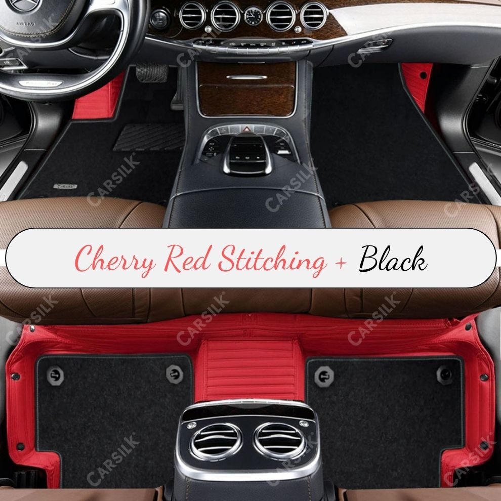 CHERRY RED STRIPE BASE WITH BLACK TOP CARPET DOUBLE LAYER CAR MAT SET - Carsilks 