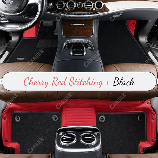 CHERRY RED STRIPE BASE WITH BLACK TOP CARPET DOUBLE LAYER CAR MAT SET - Carsilks 