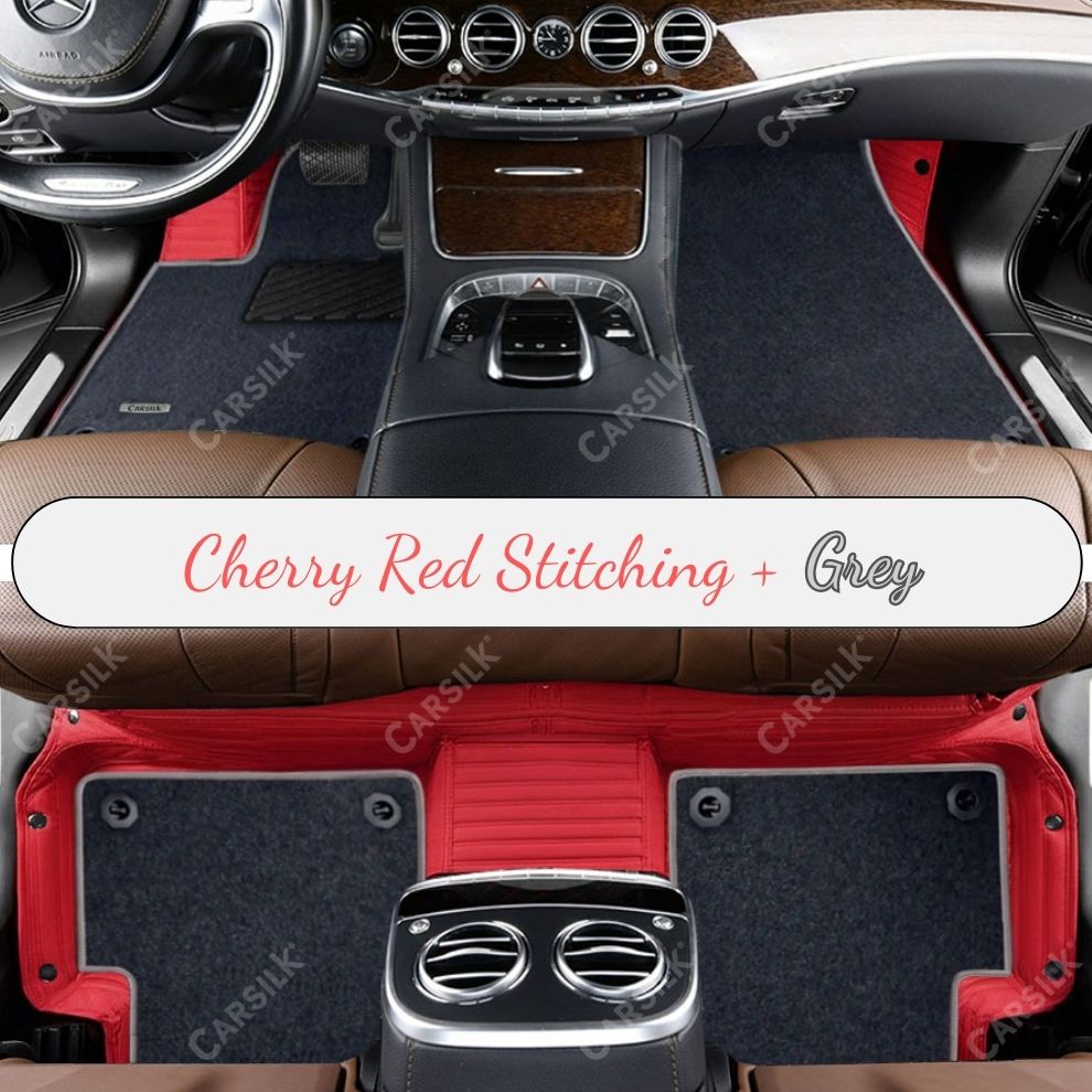 CHERRY RED STRIPE BASE WITH GRAY TOP CARPET DOUBLE LAYER CAR MAT SET - Carsilks 