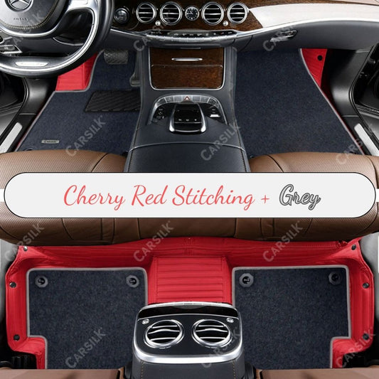 CHERRY RED STRIPE BASE WITH GRAY TOP CARPET DOUBLE LAYER CAR MAT SET - Carsilks 