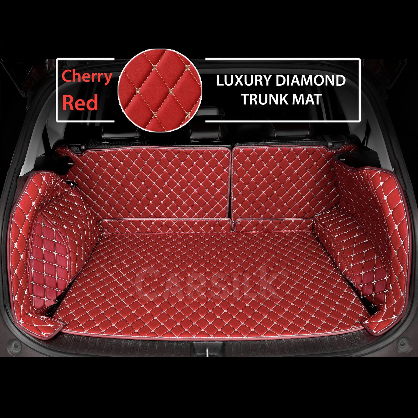 CHERRY RED STITCHING 3D DIAMOND LUXURY TRUNK CAR MATS SET - Carsilks 