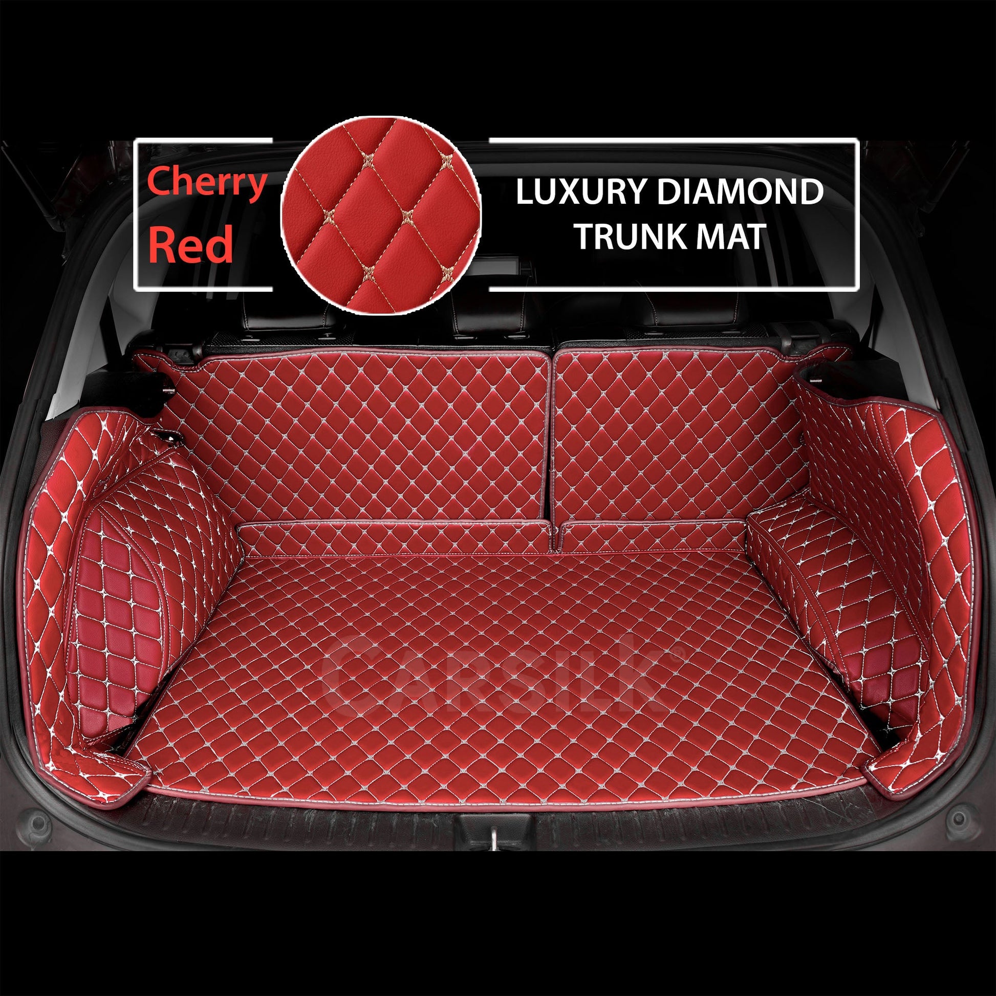 CHERRY RED STITCHING 3D DIAMOND LUXURY TRUNK CAR MATS SET - Carsilks 