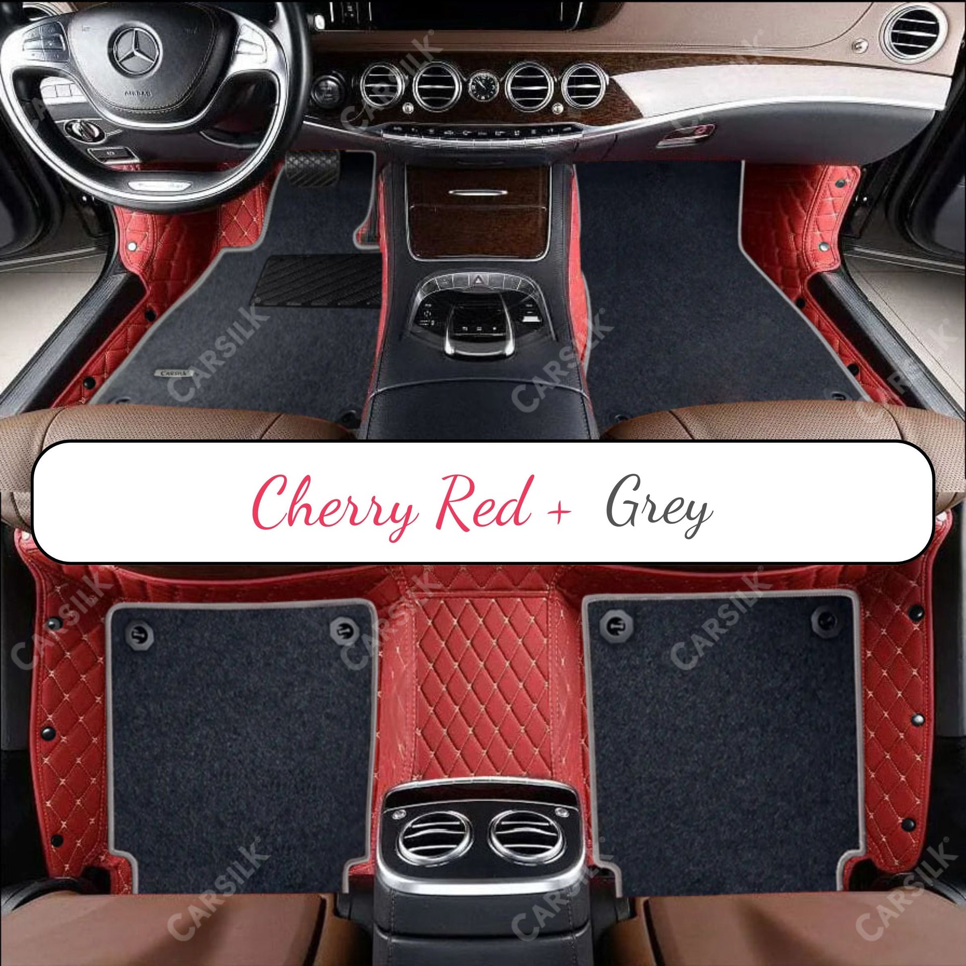 CHERRY RED DIAMOND BASE WITH GRAY TOP CARPET DOUBLE LAYER CAR MAT SET - Carsilks 