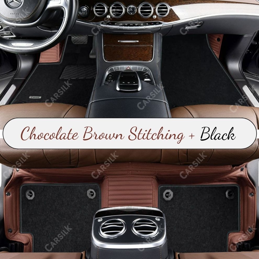 CHOCOLATE BROWN STRIPE BASE WITH BLACK TOP CARPET DOUBLE LAYER CAR MAT SET - Carsilks 