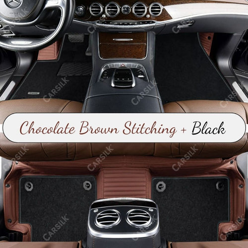 CHOCOLATE BROWN STRIPE BASE WITH BLACK TOP CARPET DOUBLE LAYER CAR MAT SET - Carsilks 