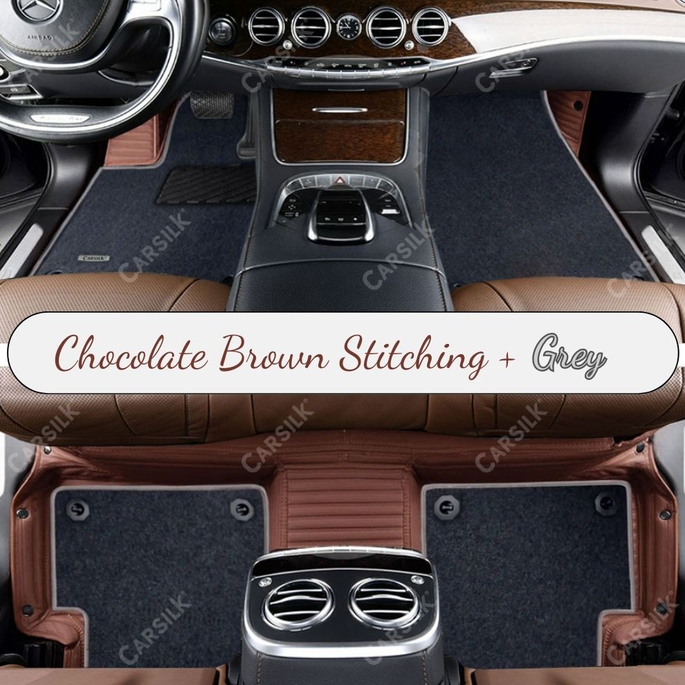 CHOCOLATE BROWN STRIPE BASE WITH GRAY TOP CARPET DOUBLE LAYER CAR MAT SET - Carsilks 