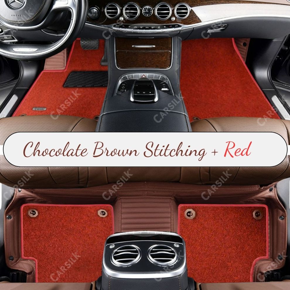 CHOCOLATE BROWN STRIPE BASE WITH RED TOP CARPET DOUBLE LAYER CAR MAT SET - Carsilks 