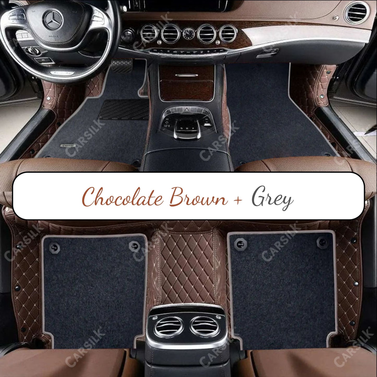 CHOCOLATE BROWN DIAMOND BASE WITH GRAY TOP CARPET DOUBLE LAYER CAR MAT SET - Carsilks 