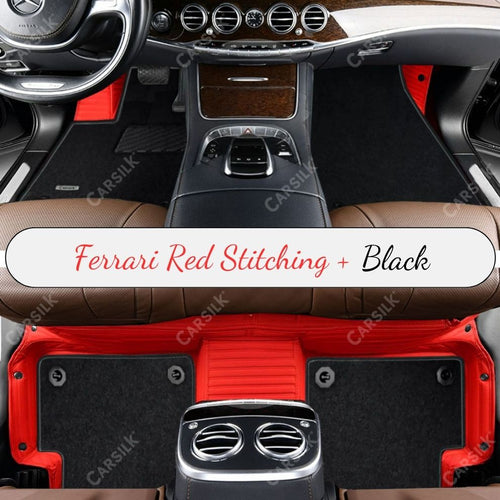 FERRARI RED STRIPE BASE WITH BLACK TOP CARPET DOUBLE LAYER CAR MAT SET - Carsilks 