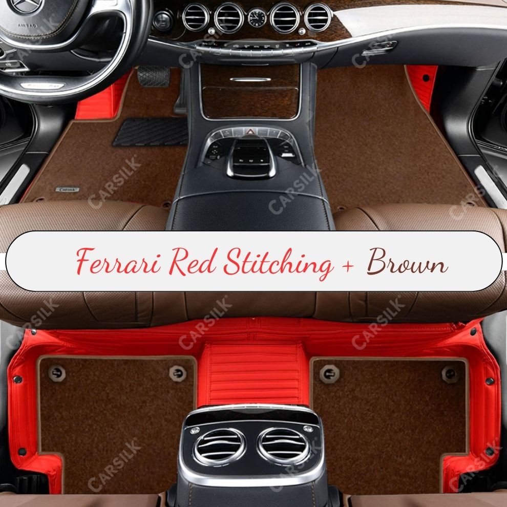 FERRARI RED STRIPE BASE WITH BROWN TOP CARPET DOUBLE LAYER CAR MAT SET - Carsilks 
