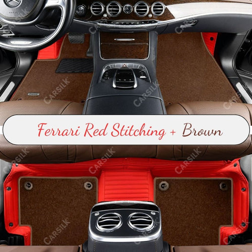 FERRARI RED STRIPE BASE WITH BROWN TOP CARPET DOUBLE LAYER CAR MAT SET - Carsilks 