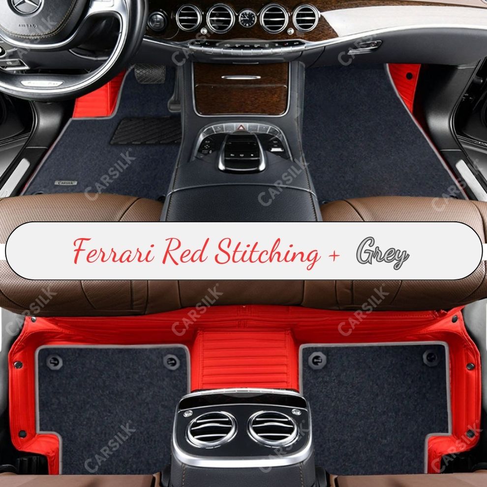 FERRARI RED STRIPE BASE WITH GRAY TOP CARPET DOUBLE LAYER CAR MAT SET - Carsilks 