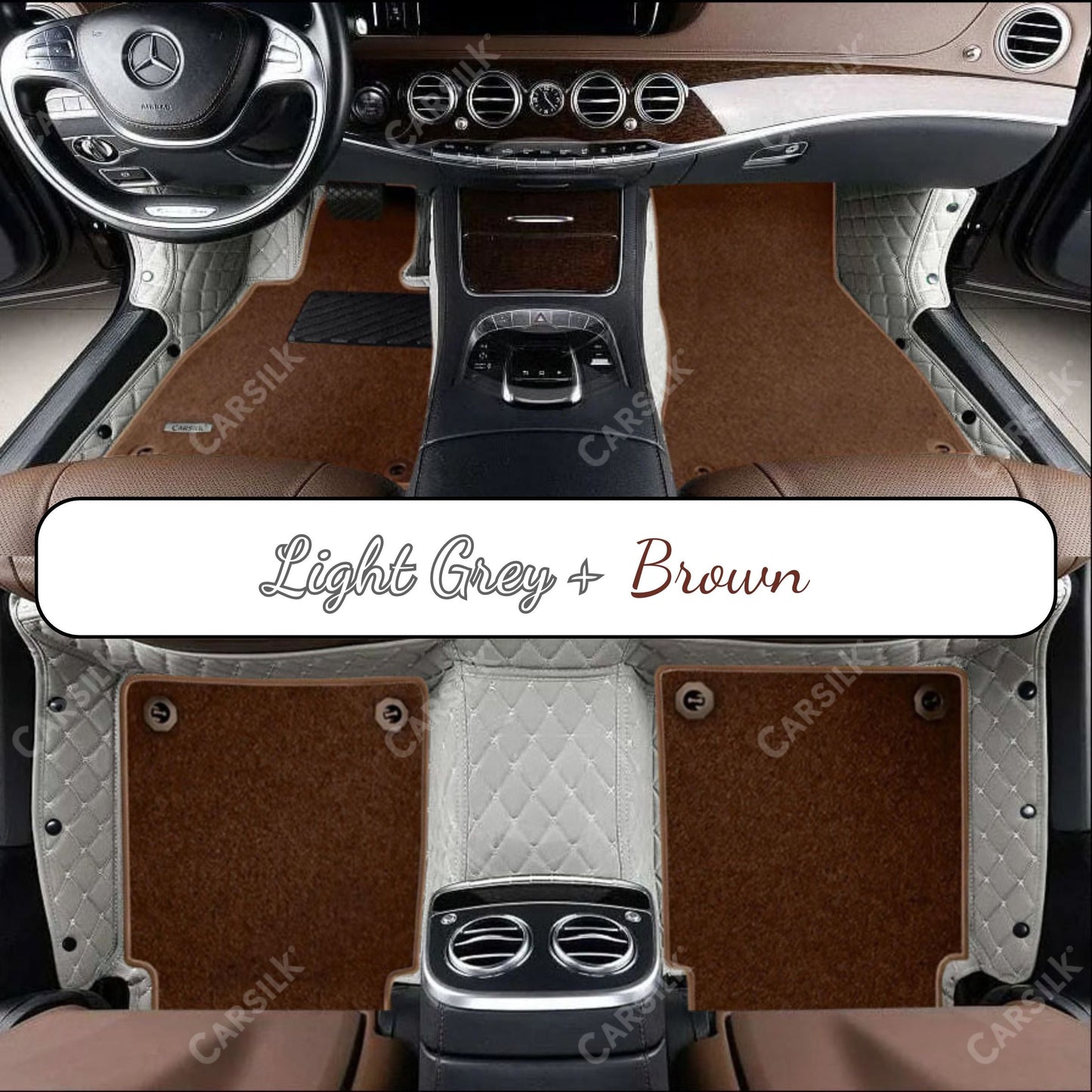 LIGHT GRAY DIAMOND BASE WITH BROWN TOP CARPET DOUBLE LAYER CAR MAT SET - Carsilks 