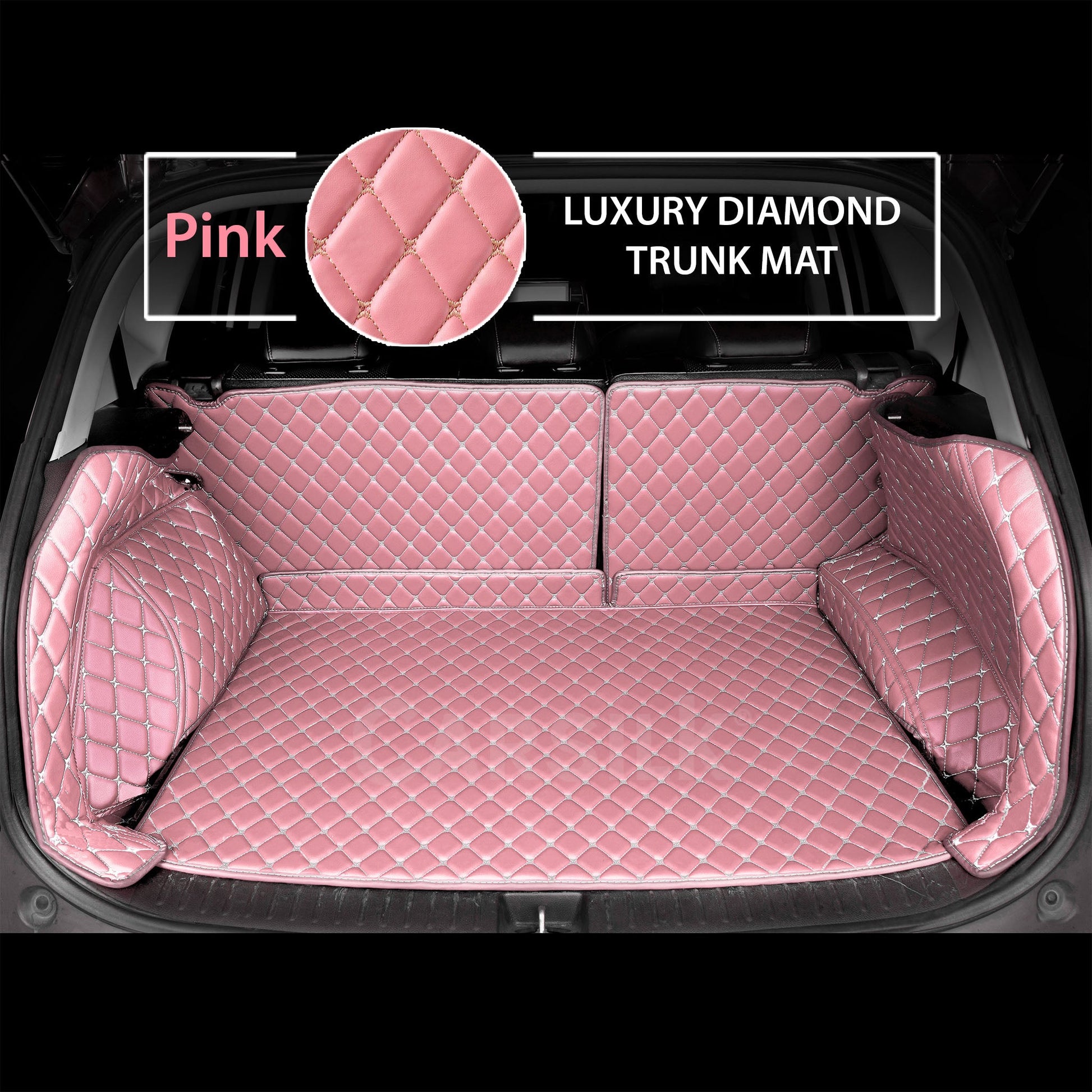 FLAMINGO PINK STITCHING 3D DIAMOND LUXURY TRUNK CAR MATS SET - Carsilks 